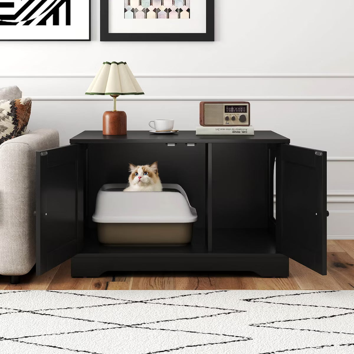 Cat Litter Box Enclosure Furniture with Double Doors Divider Side Entry for Cats Black