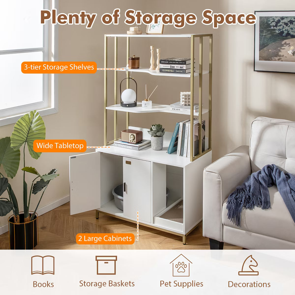 61" Cat Litter Box Enclosure w/ Storage 3-tier Shelves Side Entrance Indoor