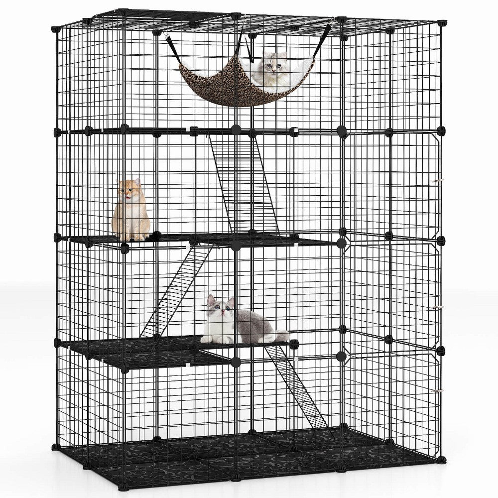Black 4-tier cube cat cage with hammock, front view