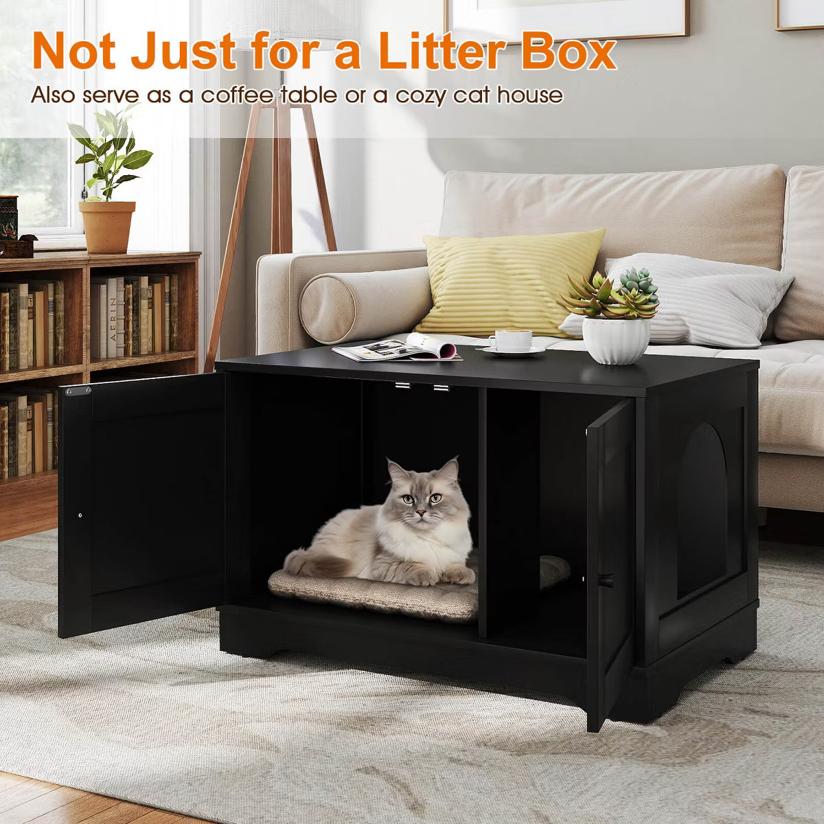 Cat Litter Box Enclosure Furniture with Double Doors Divider Side Entry for Cats Black