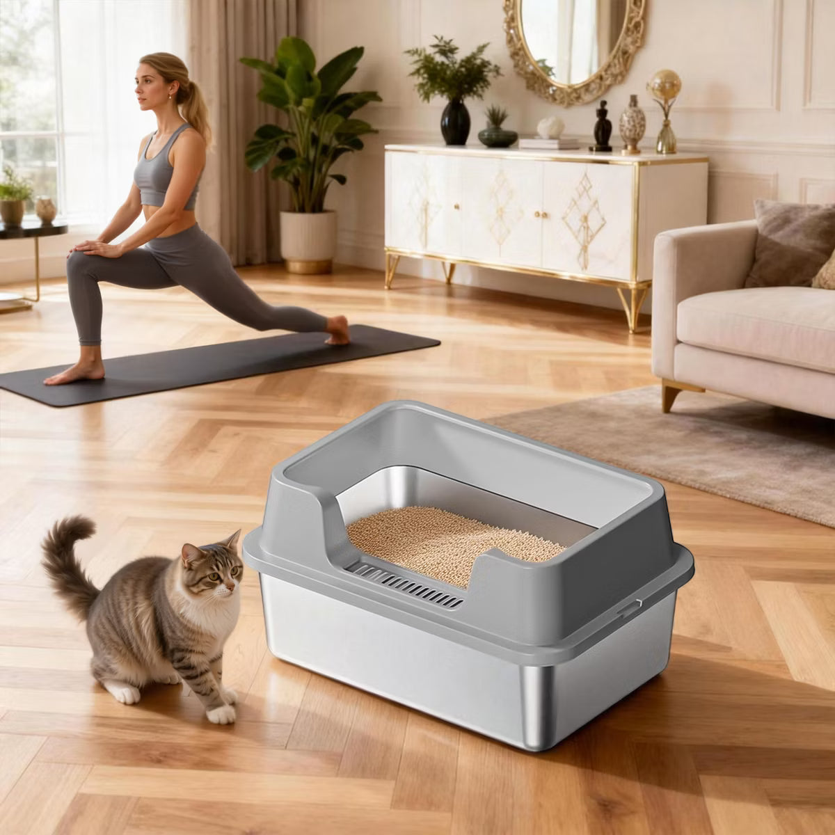 Jumbo Stainless Steel Cat Litter Box - High-Sided & Non-Stick,