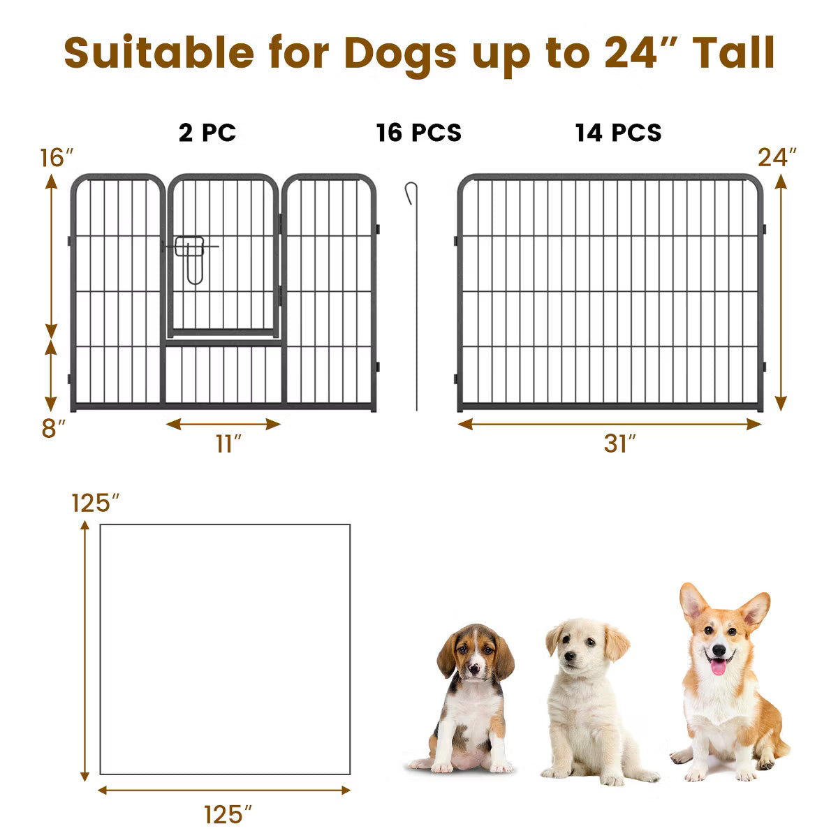 16 Panel 24" Height Pen Fence w/ Lock Indoor Outdoor Foldable Fencing Gate