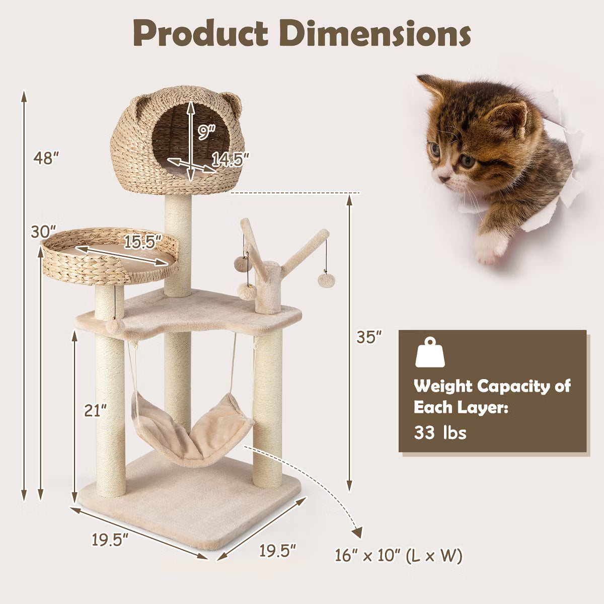 48'' Tall Cat Tree Tower Multi-Level Play Activity Center withCondo Hammock Cushion
