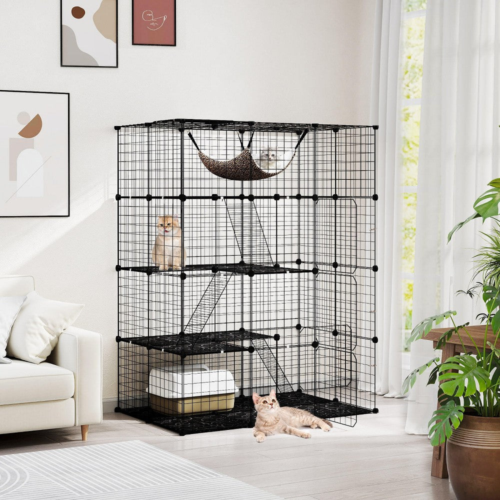 Black 4-tier cat cage with feeding tier at the bottom