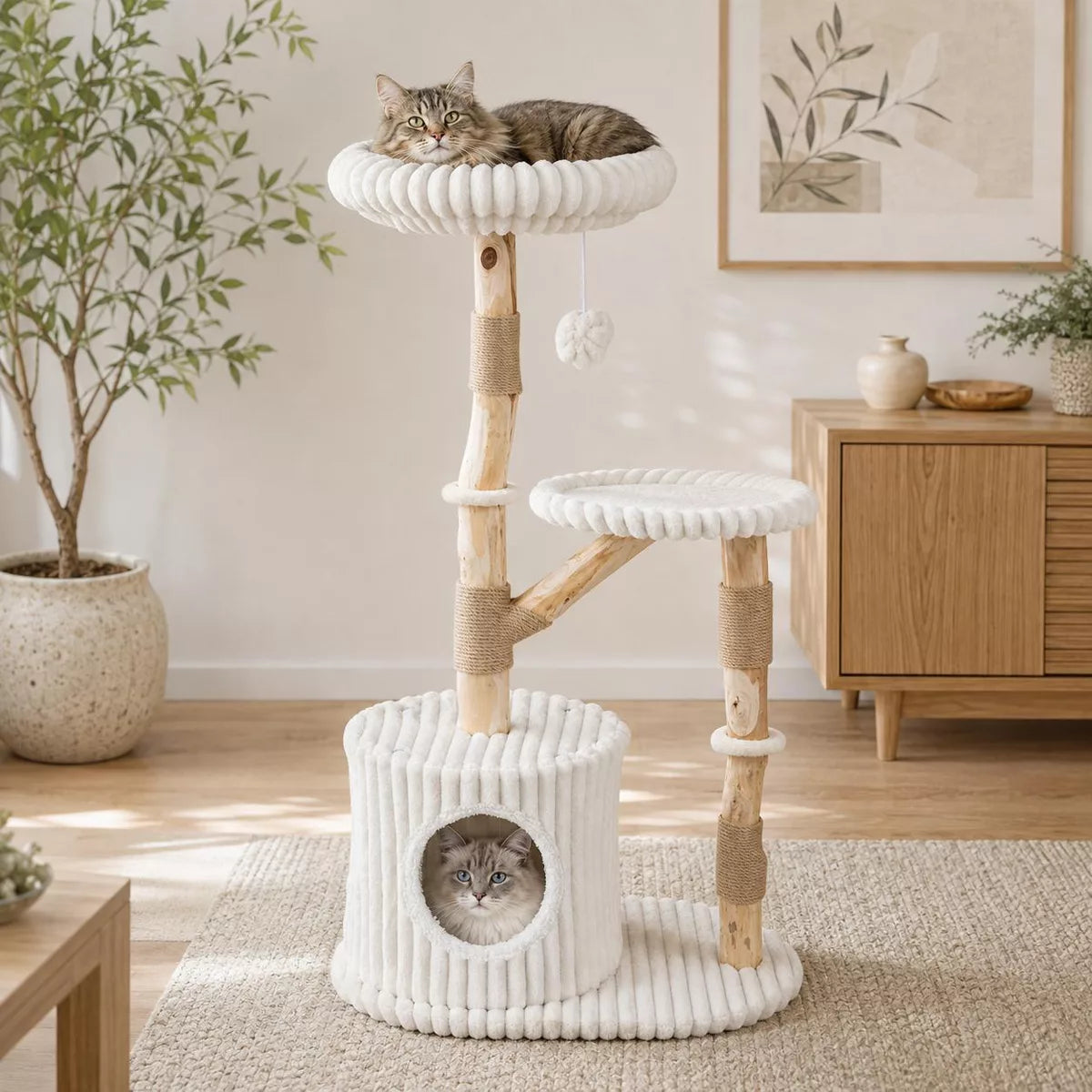 Solid Wood Cat Tree Tower 41 Inch with Real Branches, Scratching Posts and Cozy Bed