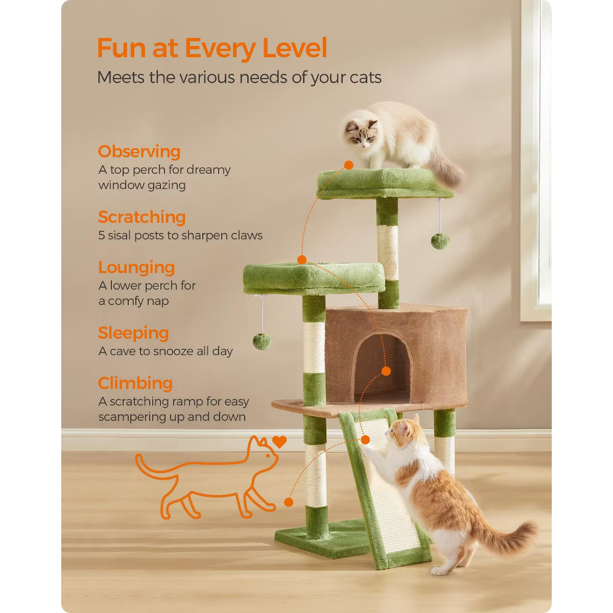 45.3-Inch Cat Tree Tower, Grass Green & Brown