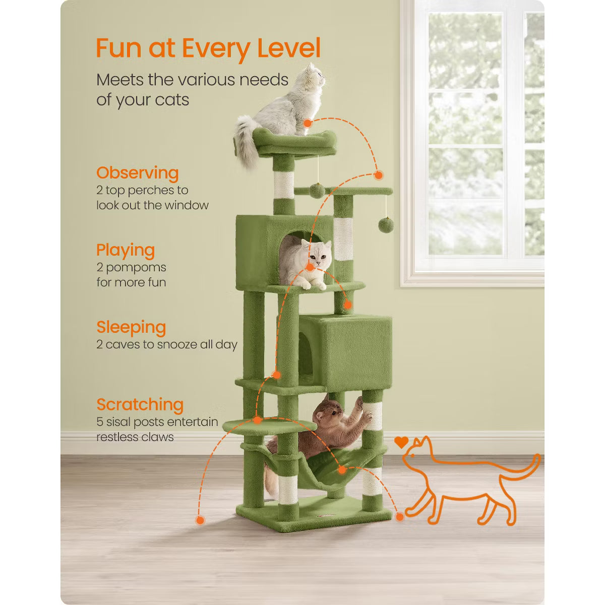 9.5-Inch Tall Cat Tower, Plush Multi-Level Condo with 5 Scratching Posts, 2 Perches