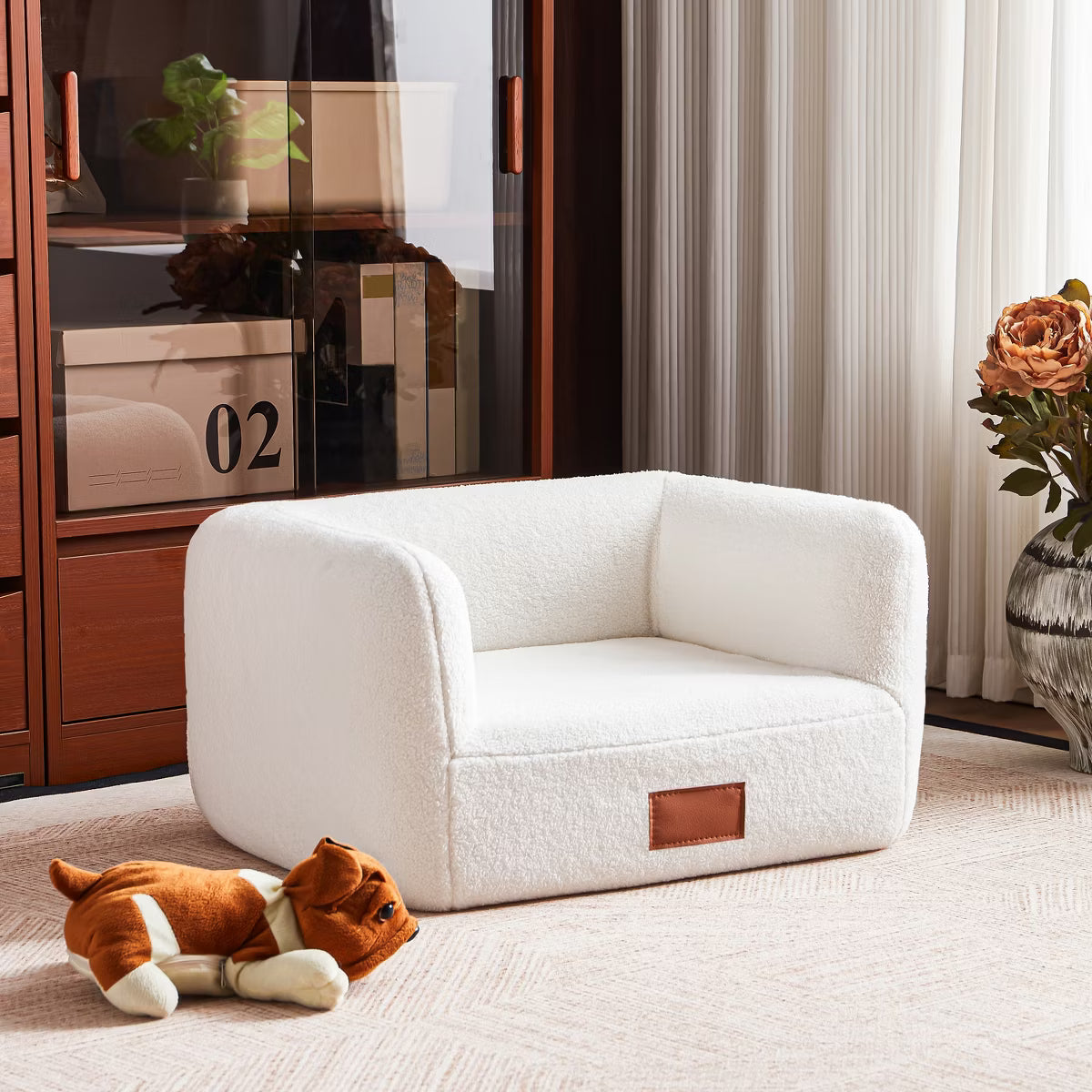 25.6 Inch Faux Shearling Dog Bed Pet Sofa With Leather Nameplate