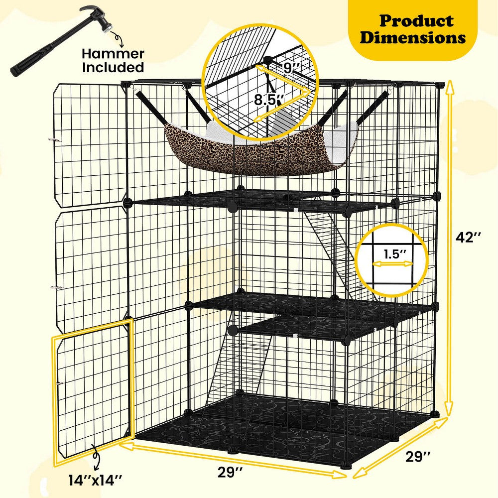 Black multi-level cat cage with sky window between tiers