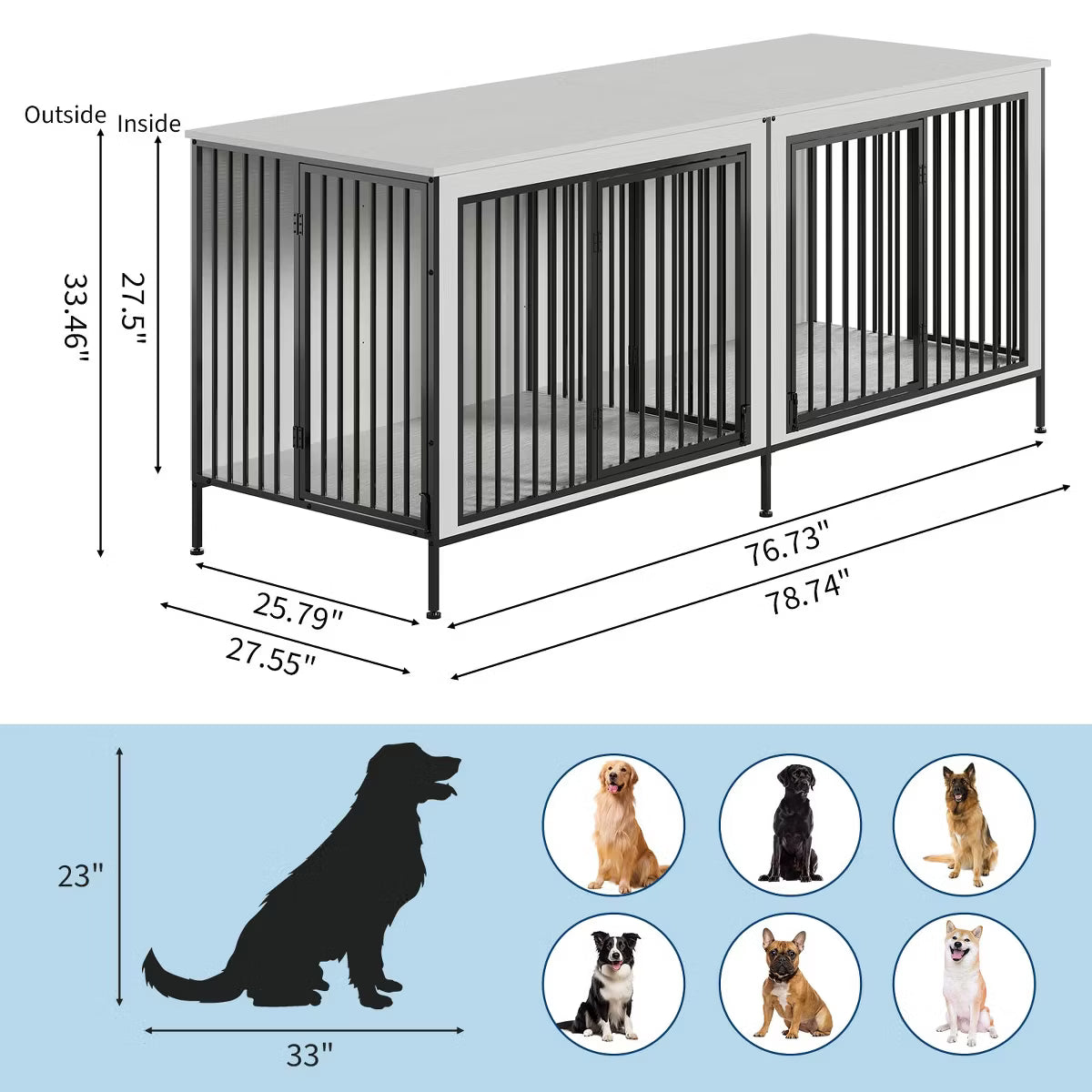 79" Double Dog Crate Furniture, Heavy-Duty Wooden Indoor Dog Kennel with Divider,