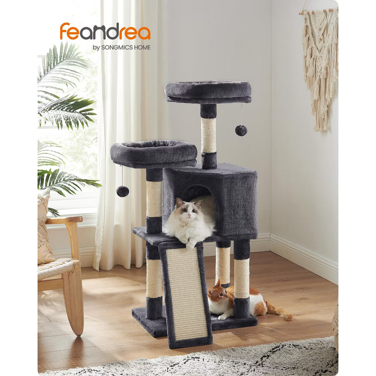 45.3-Inch Cat Tower with Scratching Ramp, Multi-Level Cat Condo with Spacious Cave & 2 Perches,