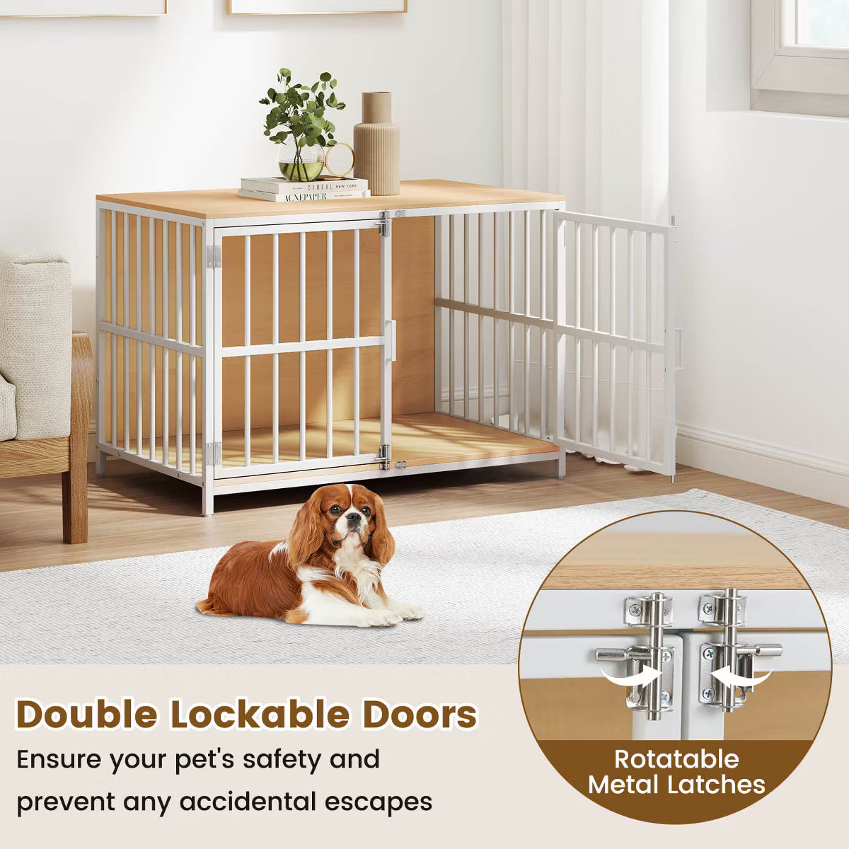 Heavy-duty Dog Crate Furniture with 2 Lockable Doors for Small Medium Breeds Natural
