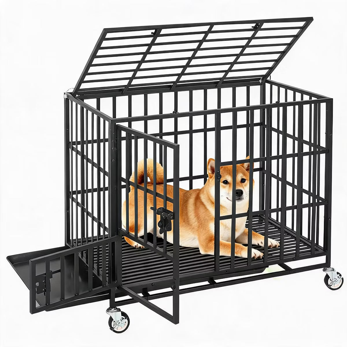 Escape Proof Dog Cage with Rolling Wheels, Sturdy Pet Kennel for Medium and Large Dogs