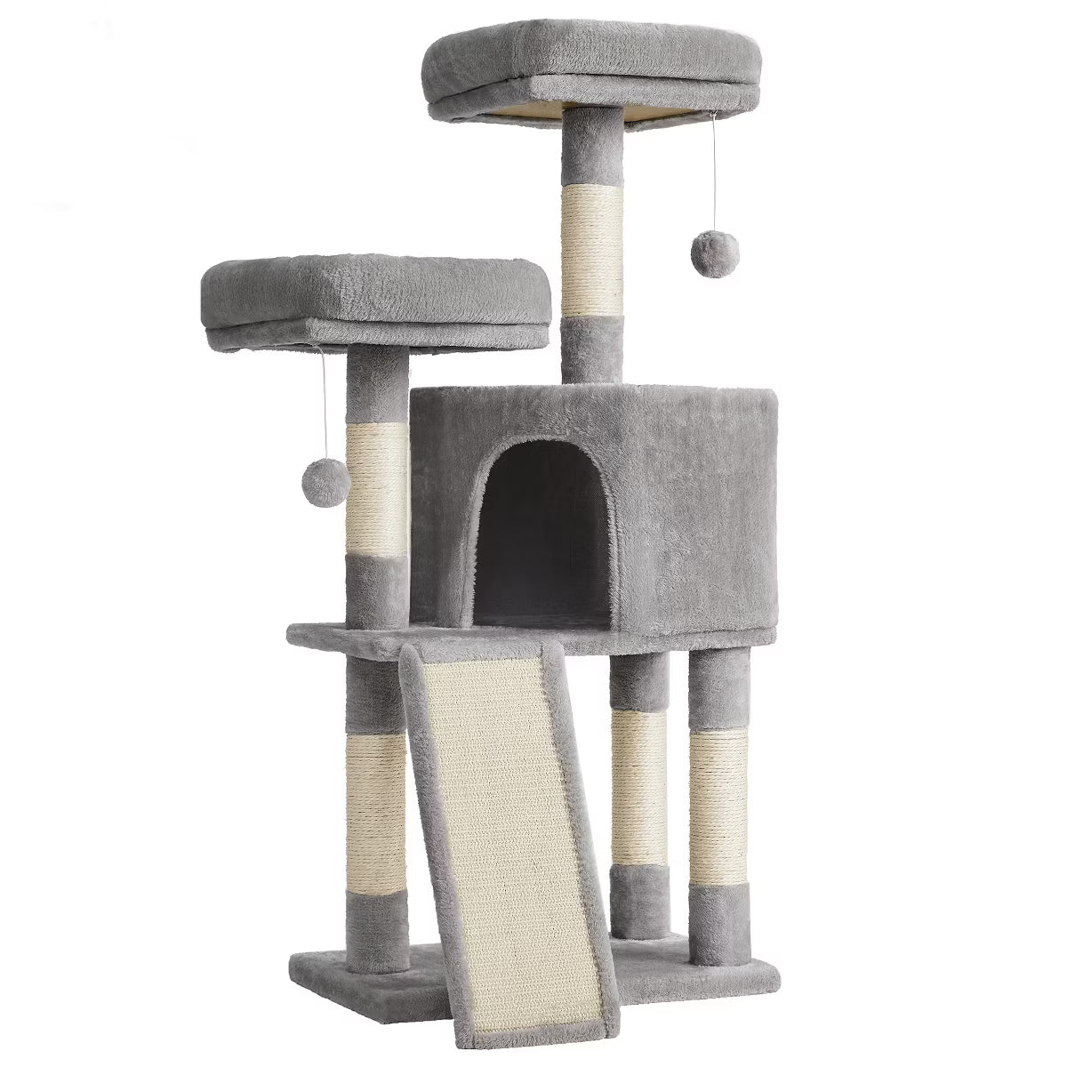 45.3-Inch Cat Tower with Scratching Ramp, Multi-Level Cat Condo with Spacious Cave & 2 Perches,