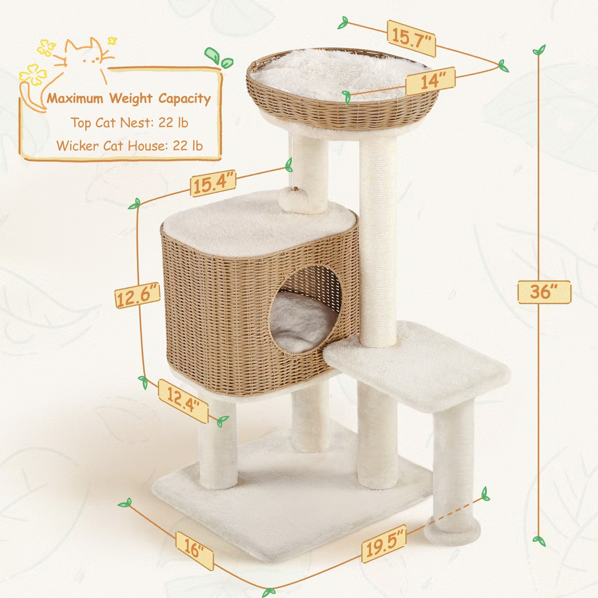 36″ Tall Rattan Cat Tree with Natural Sisal Scratching Post,