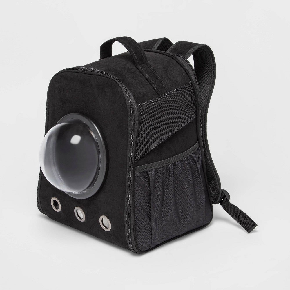 Black backpack cat carrier with clear plastic dome, front view