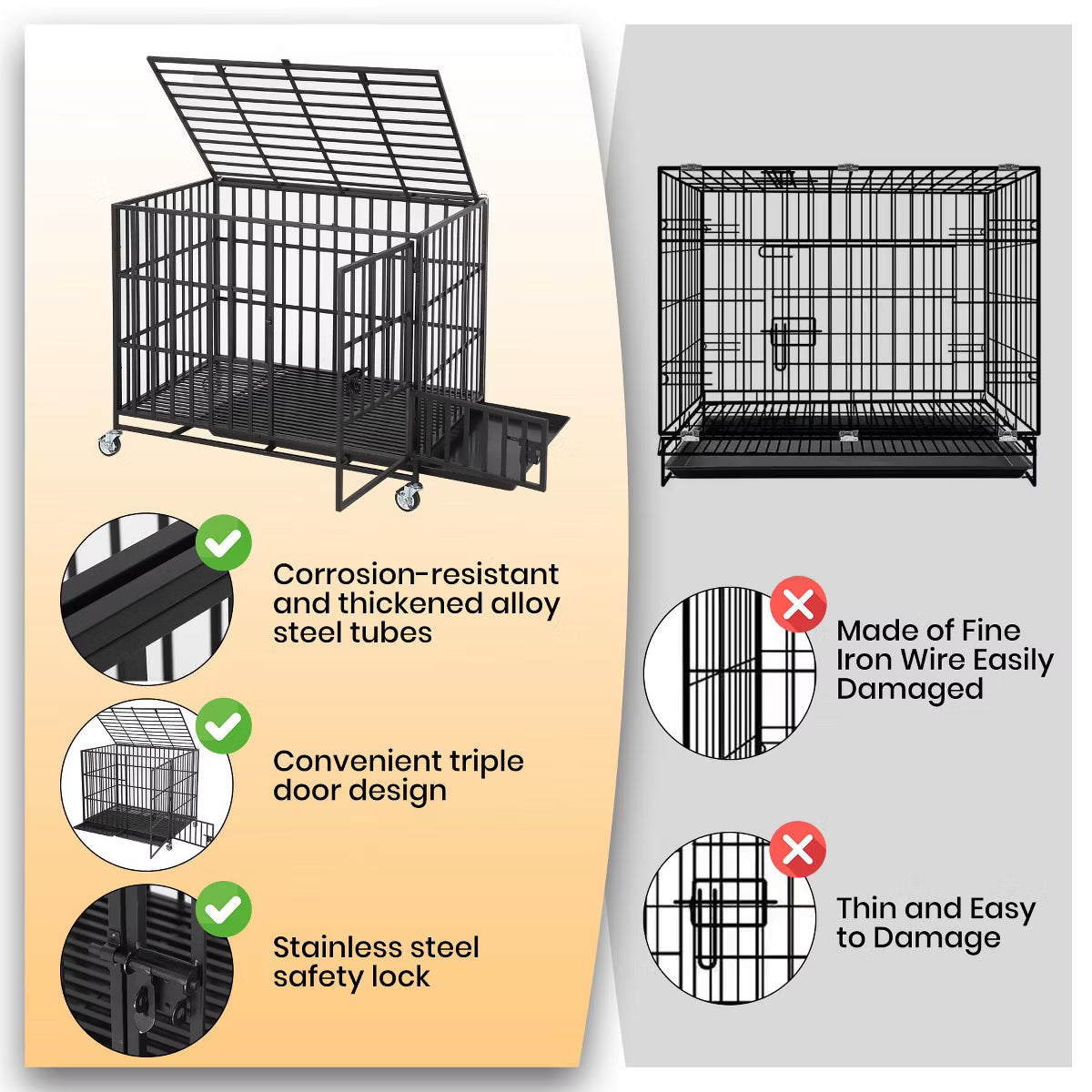 Escape Proof Dog Cage with Rolling Wheels, Sturdy Pet Kennel for Medium and Large Dogs