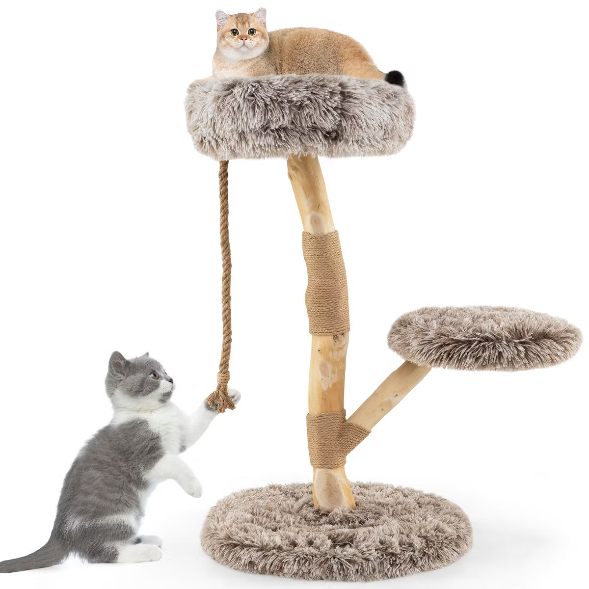 Solid Wood Cat Tower Modern Cat Scratching Tree w/Luxurious Perch Teasing Rope