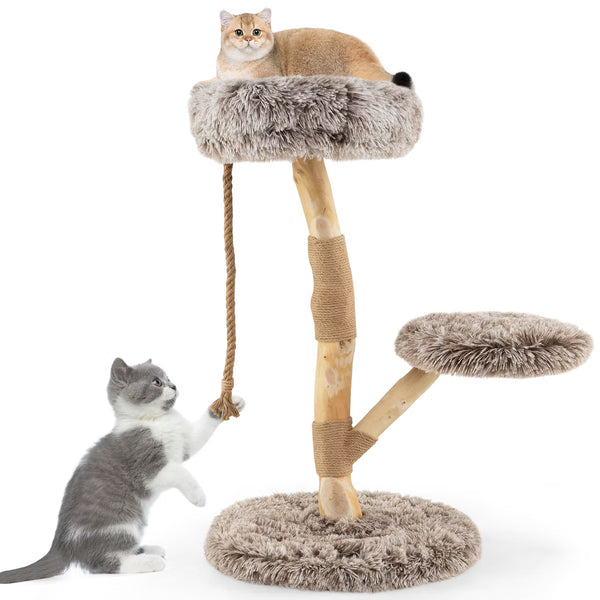 Solid Wood Cat Tower Modern Cat Scratching Tree w/Luxurious Perch Teasing Rope