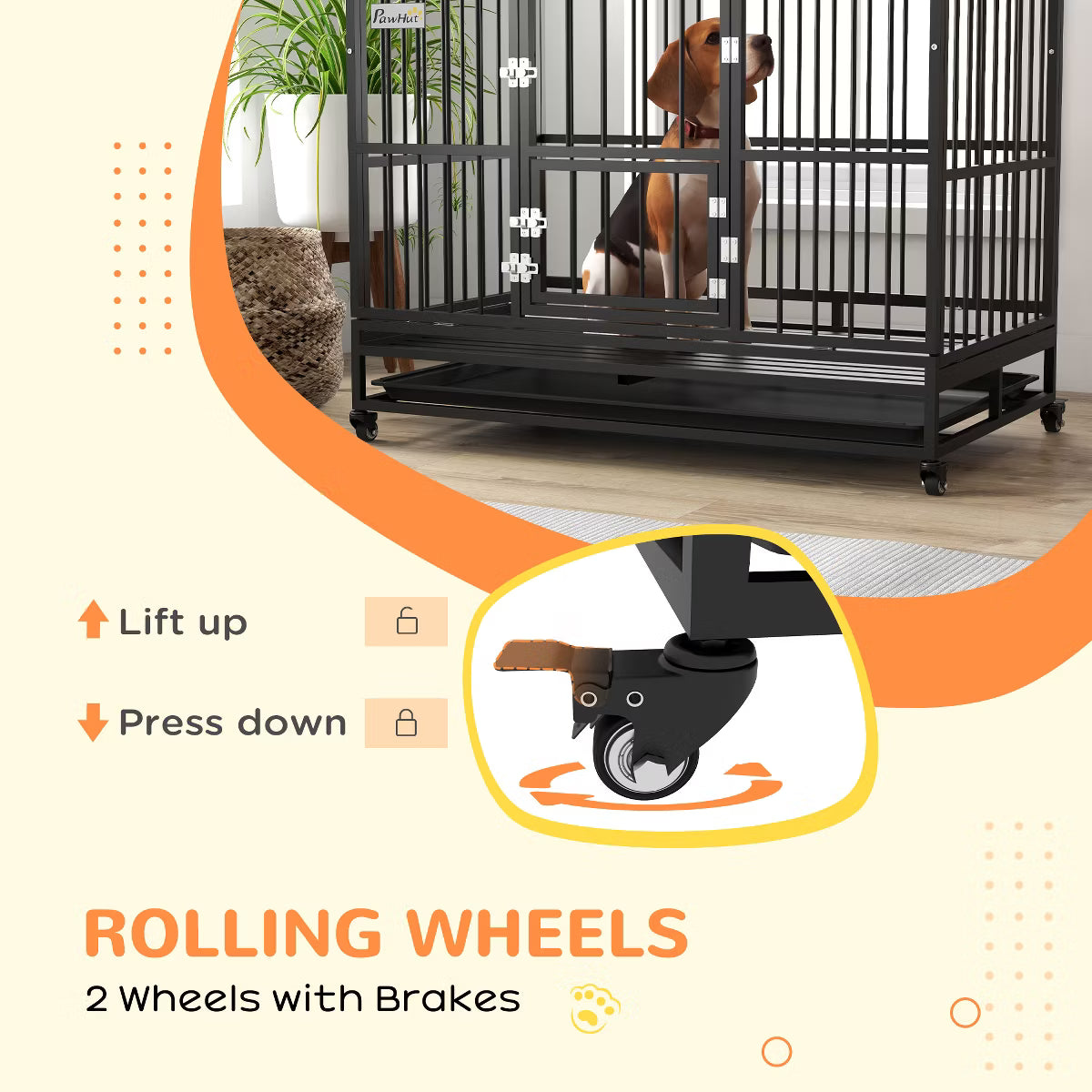 Heavy Duty Dog Crate, Strong Steel Large Dog Crate with 4 Lockable Wheels,