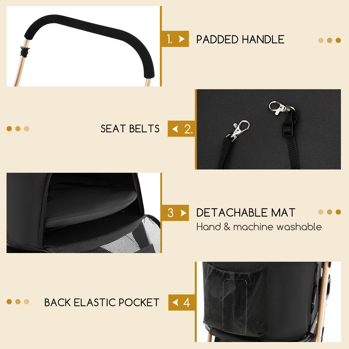 Petsite 3-In-1 Pet Stroller with Removable Car Seat Carrier 4-Level Adjustable Canopy Black & Rose Gold