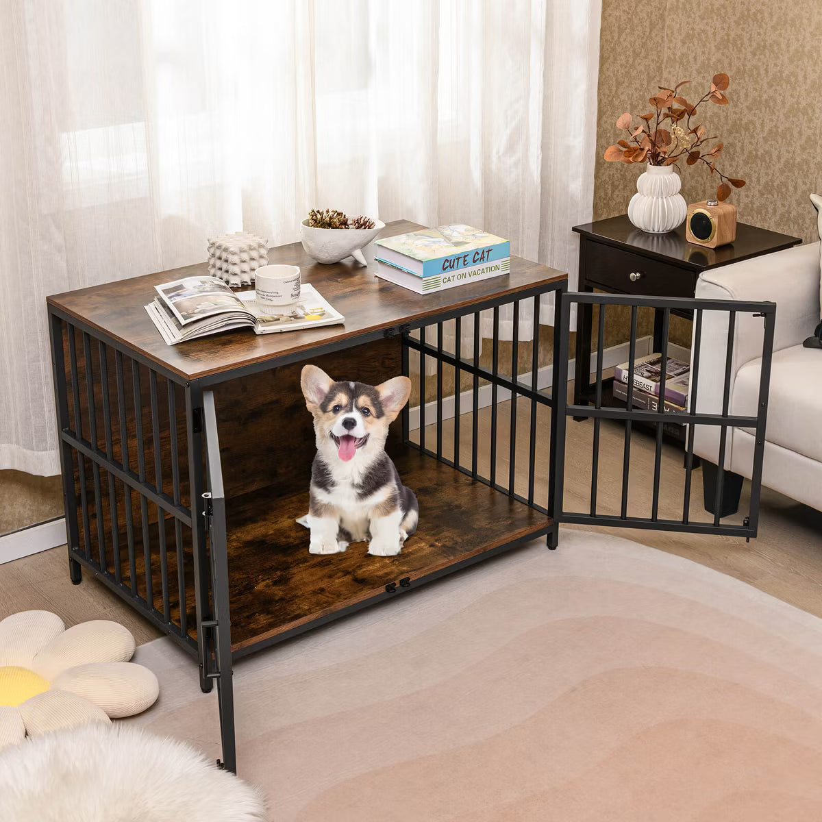Heavy-duty Dog Crate Furniture with 2 Lockable Doors for Small Medium Breeds Natural