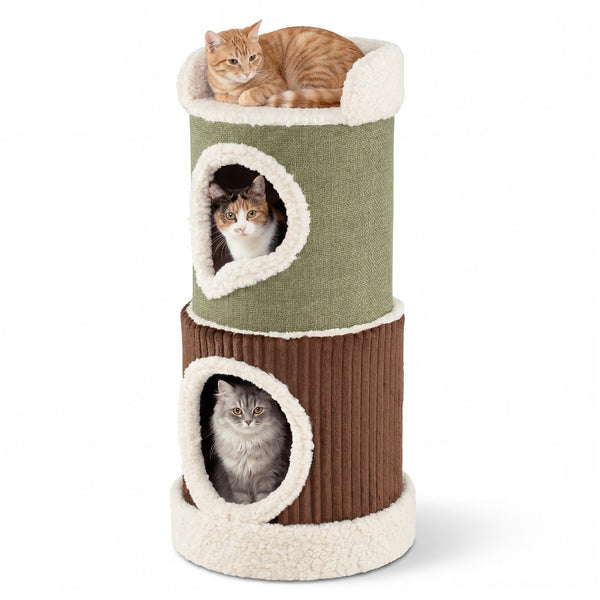 Green, brown and beige barrel-shaped cat house with top perch, front view