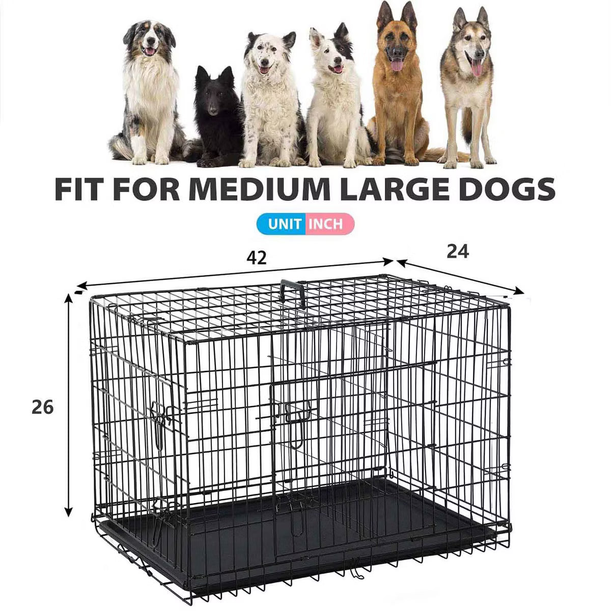 42 Inch Dog Crates for Large Dogs Folding Metal Wire Crates Dog Kennels Pet Dog Cage Crate with Double-Door