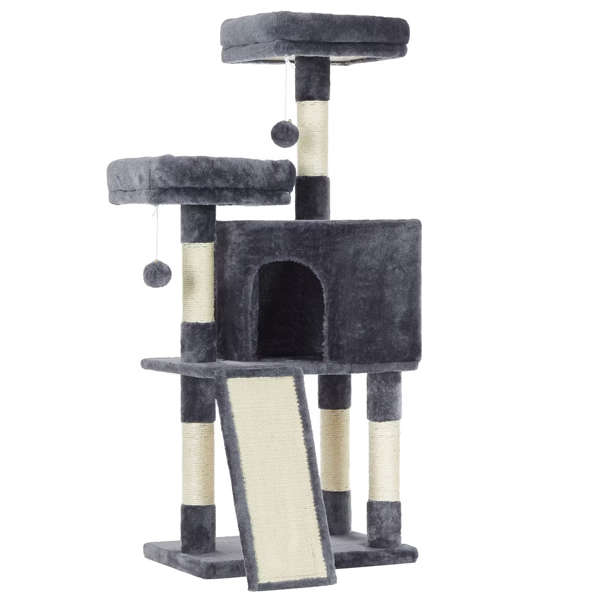 45.3-Inch Cat Tower with Scratching Ramp, Multi-Level Cat Condo with Spacious Cave & 2 Perches,