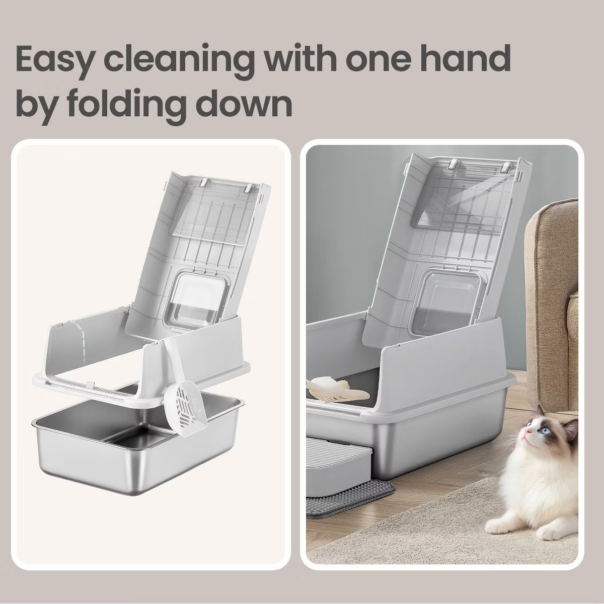 Stainless Steel Cat Litter Box with Flip Lid, Covered Metal Litter Box