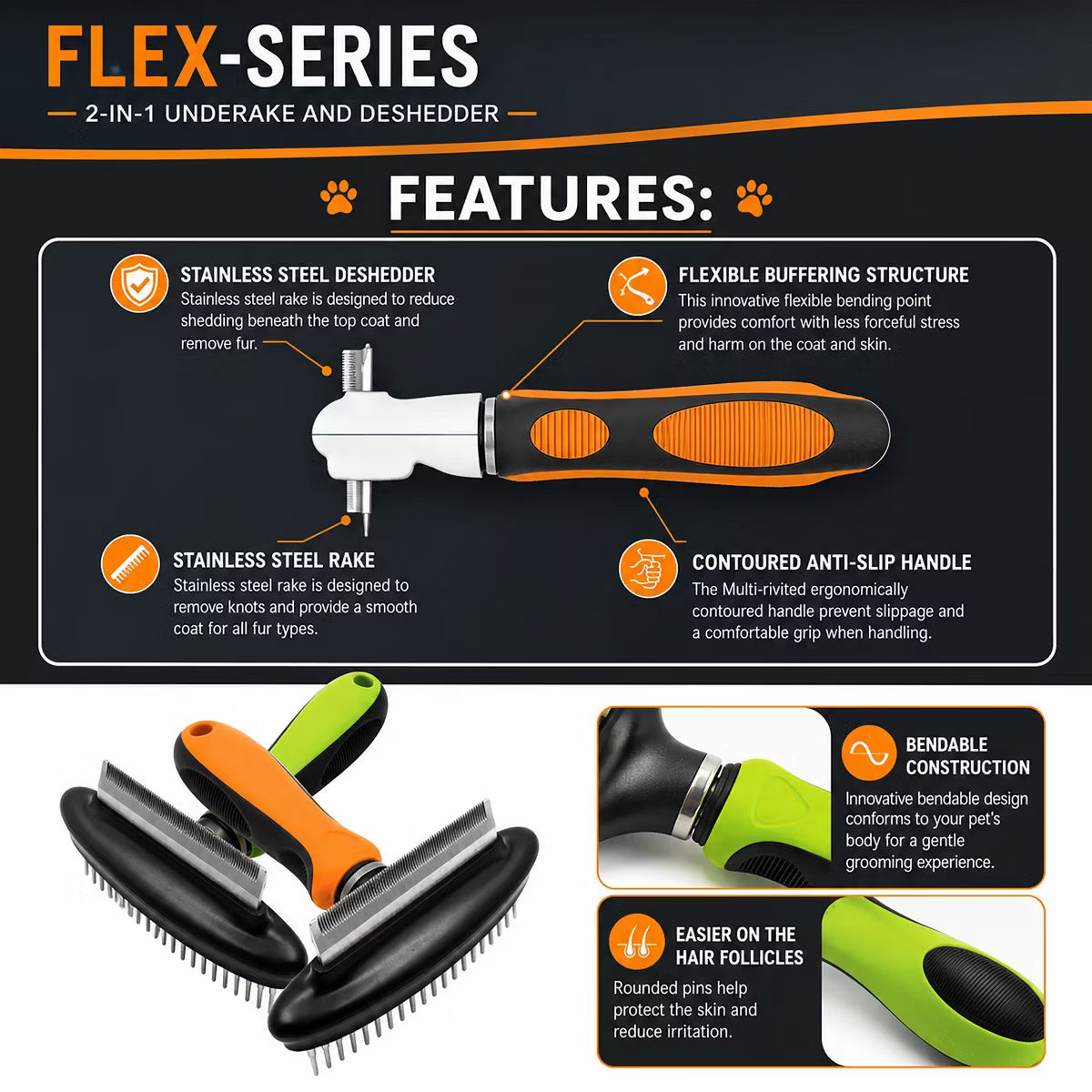 Flex Series 2-in-1 Dual-Sided Grooming Undercoat Pet Rake and Deshedder