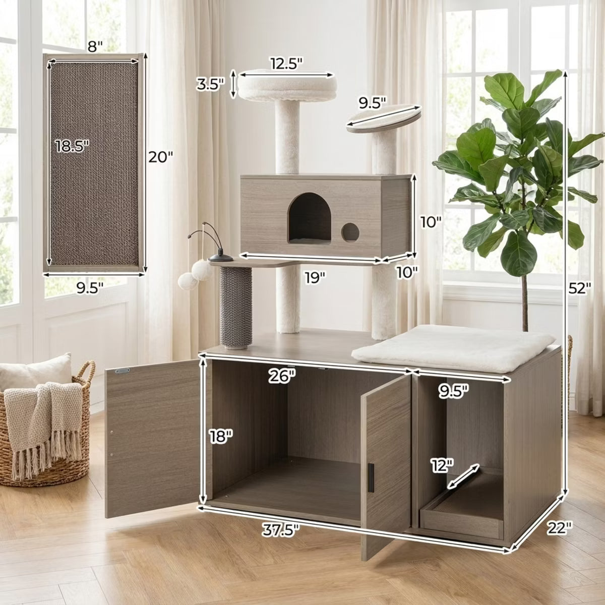 52 Inch Cat Tree Tower with Litter Box Enclosure 2-in-1 Cat Condo Furniture with Plush Perch and Sisal Mats,