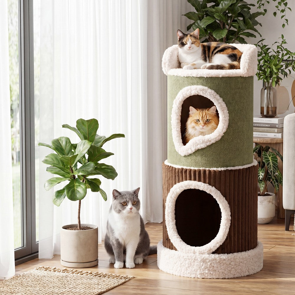 Green, brown and beige cat house with two private condo entrances