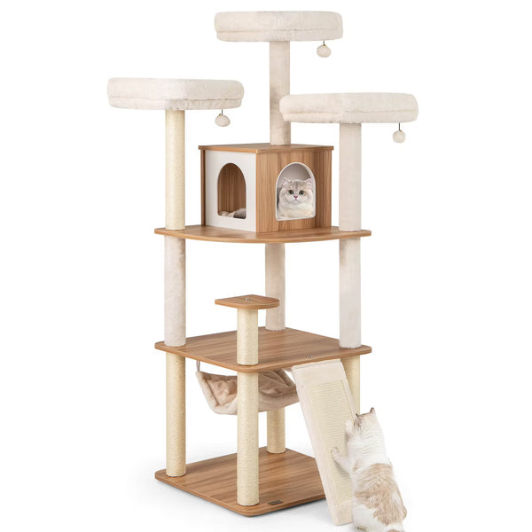 68” Tall Cat Tree Wood Cat Tower w/ 3 Padded Perches Multi-Level Climbing Furniture