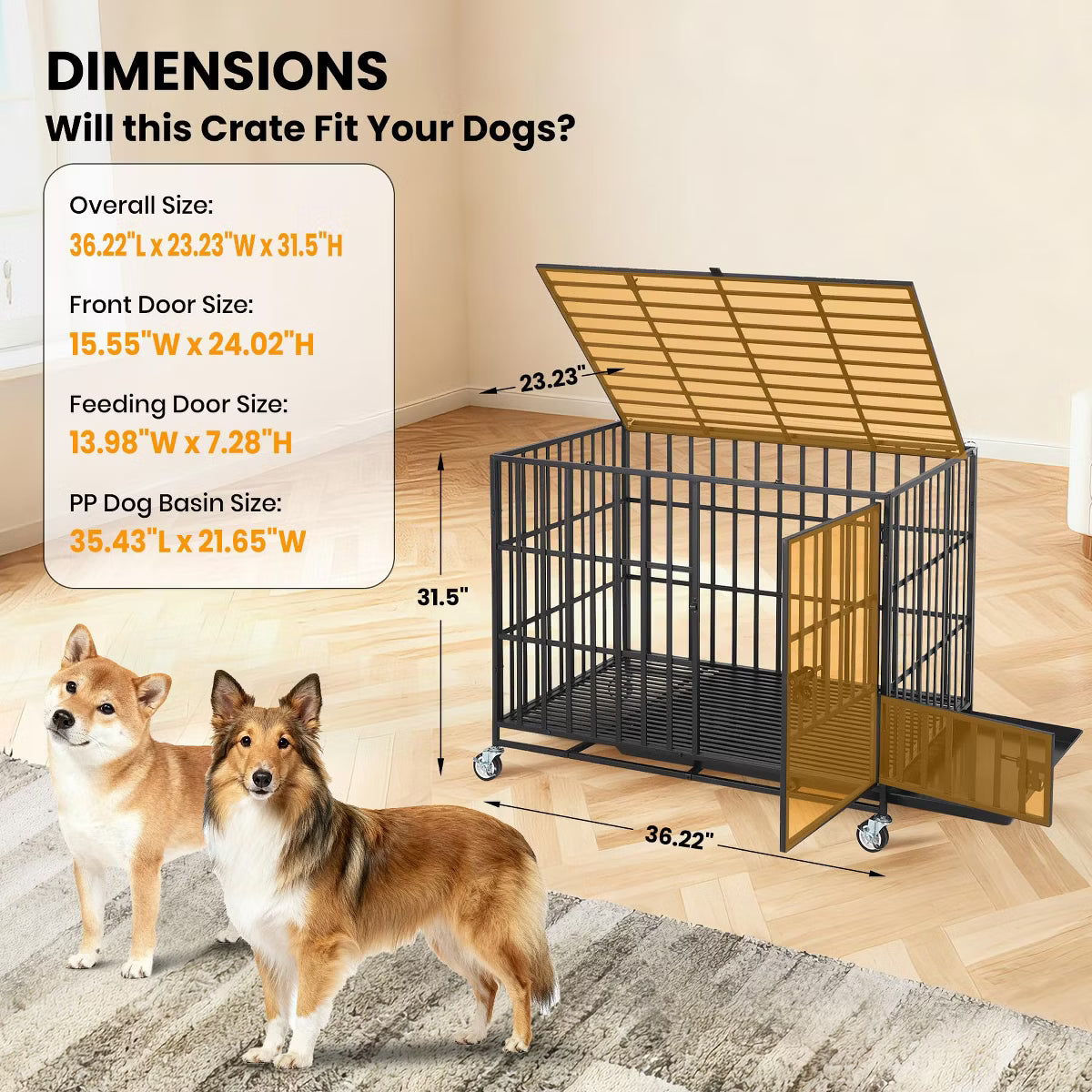 Escape Proof Dog Cage with Rolling Wheels, Sturdy Pet Kennel for Medium and Large Dogs