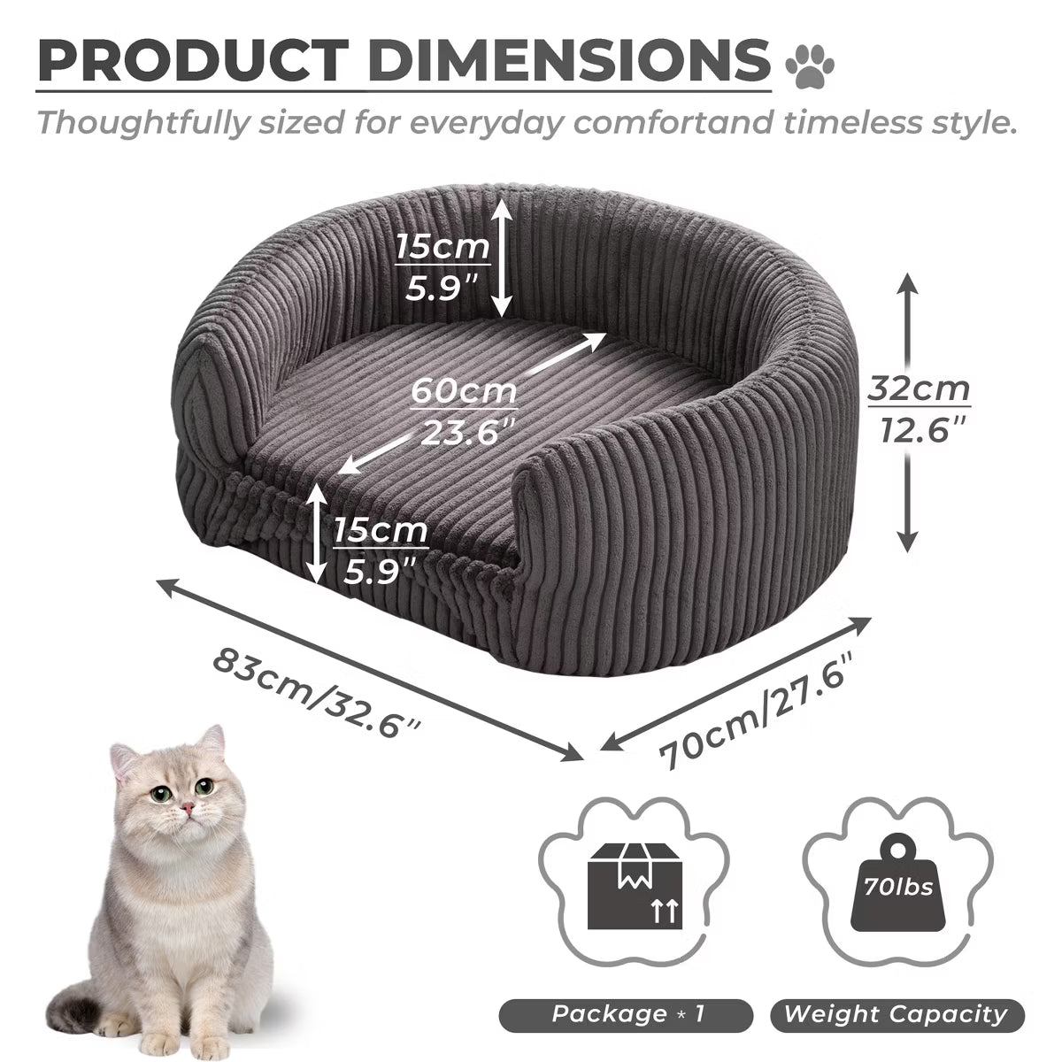 Furniture Style Black Corduroy Elevated Dog Couch Bed For Dogs Up To 70 lbs,