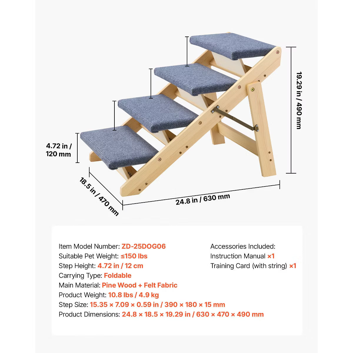 4-Step Dog Stairs for Beds, Sofa & Cars, 150 lbss Load Capacity,