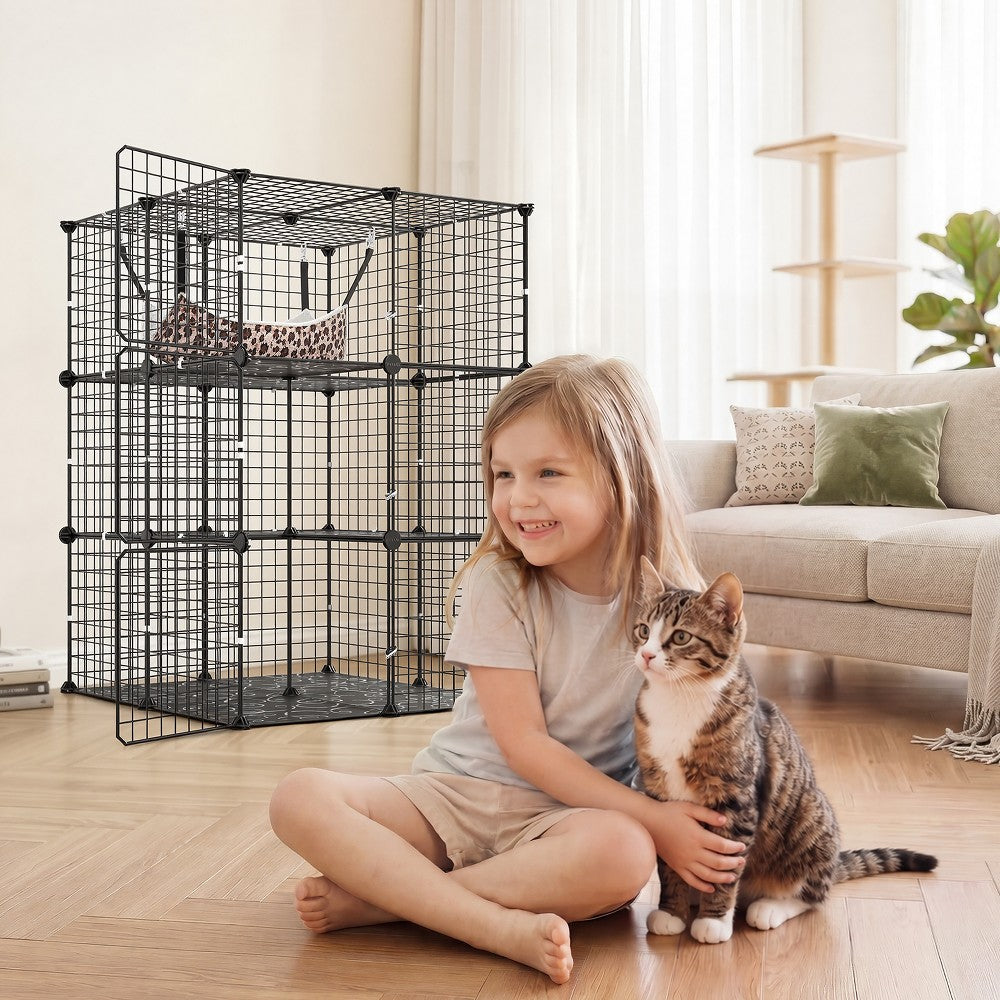 Black metal wire cat playpen showing platforms and connectors