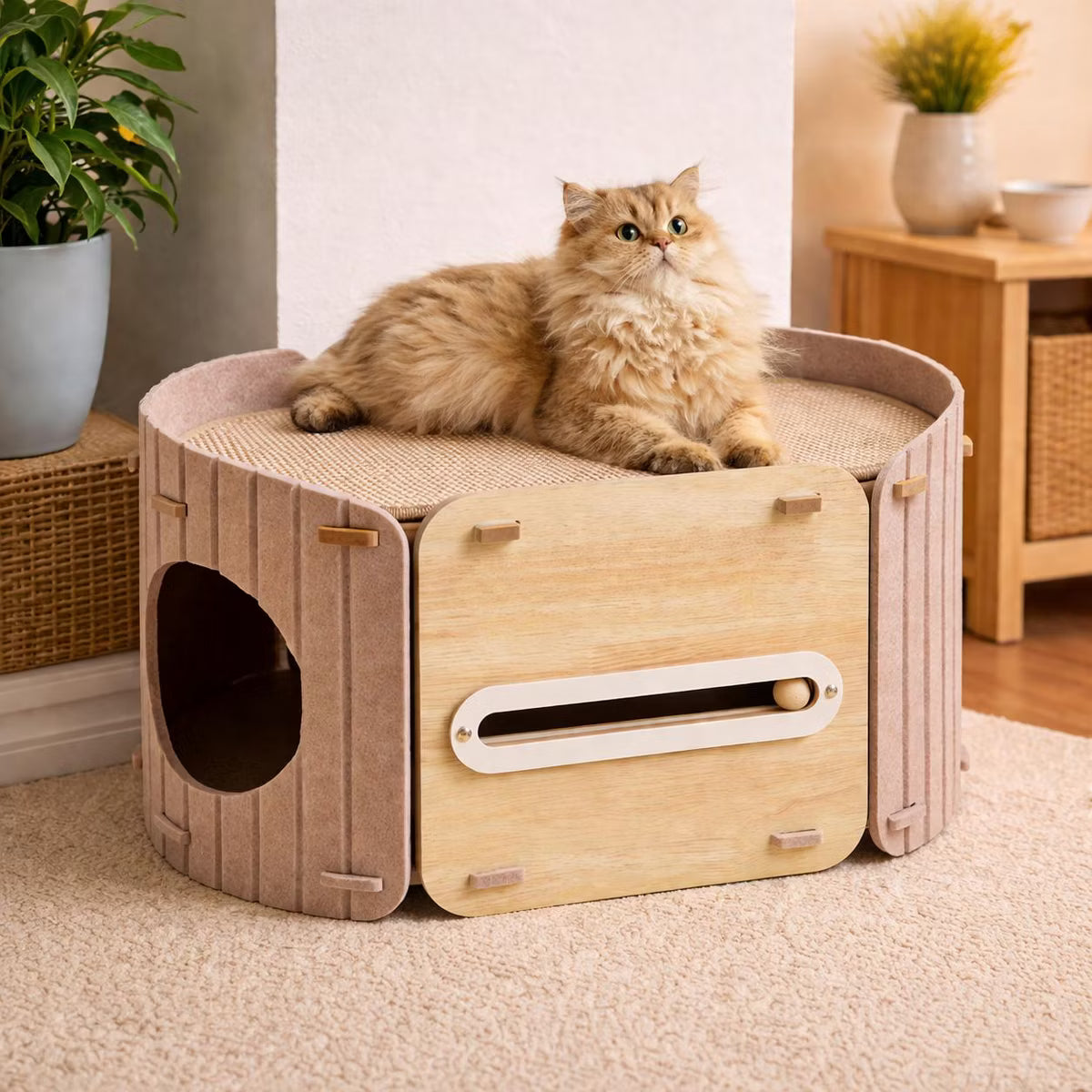 2-in-1 Modern Wooden Cat Condo Bed Beige