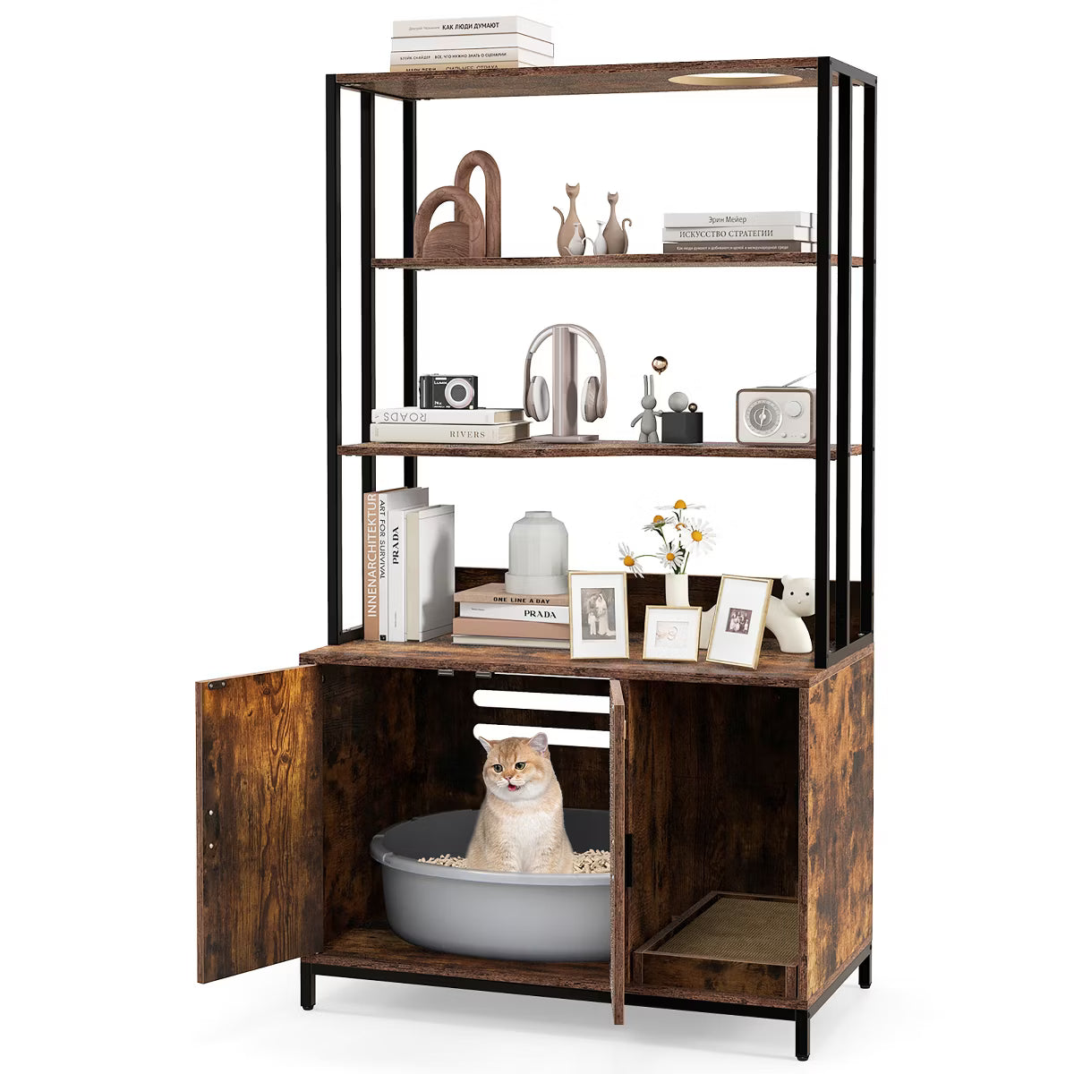 61" Cat Litter Box Enclosure w/ Storage 3-tier Shelves Side Entrance Indoor