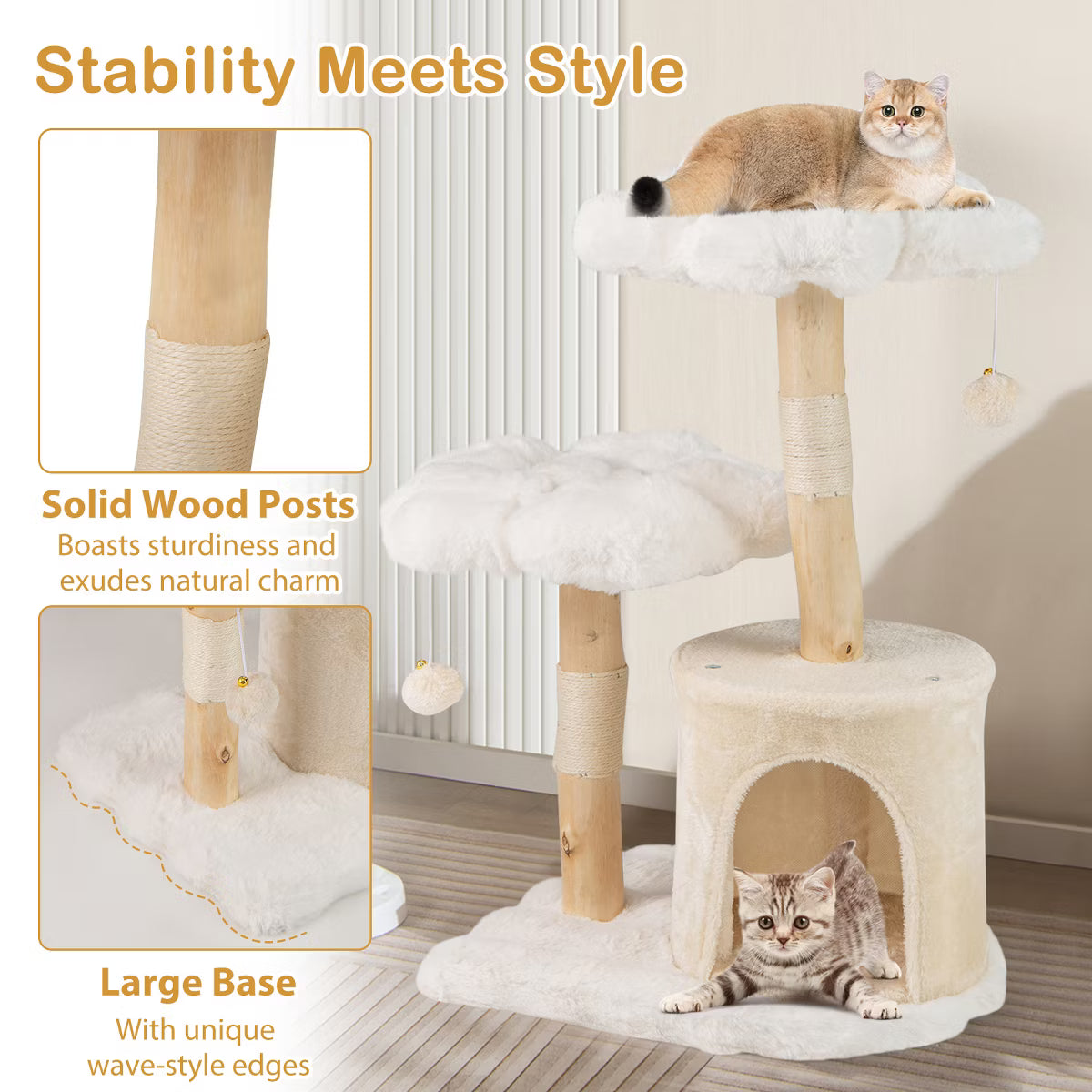 32 inch Cute Wood Cat Tree w/ Scratching Posts Pet Condo Furniture Activity Center
