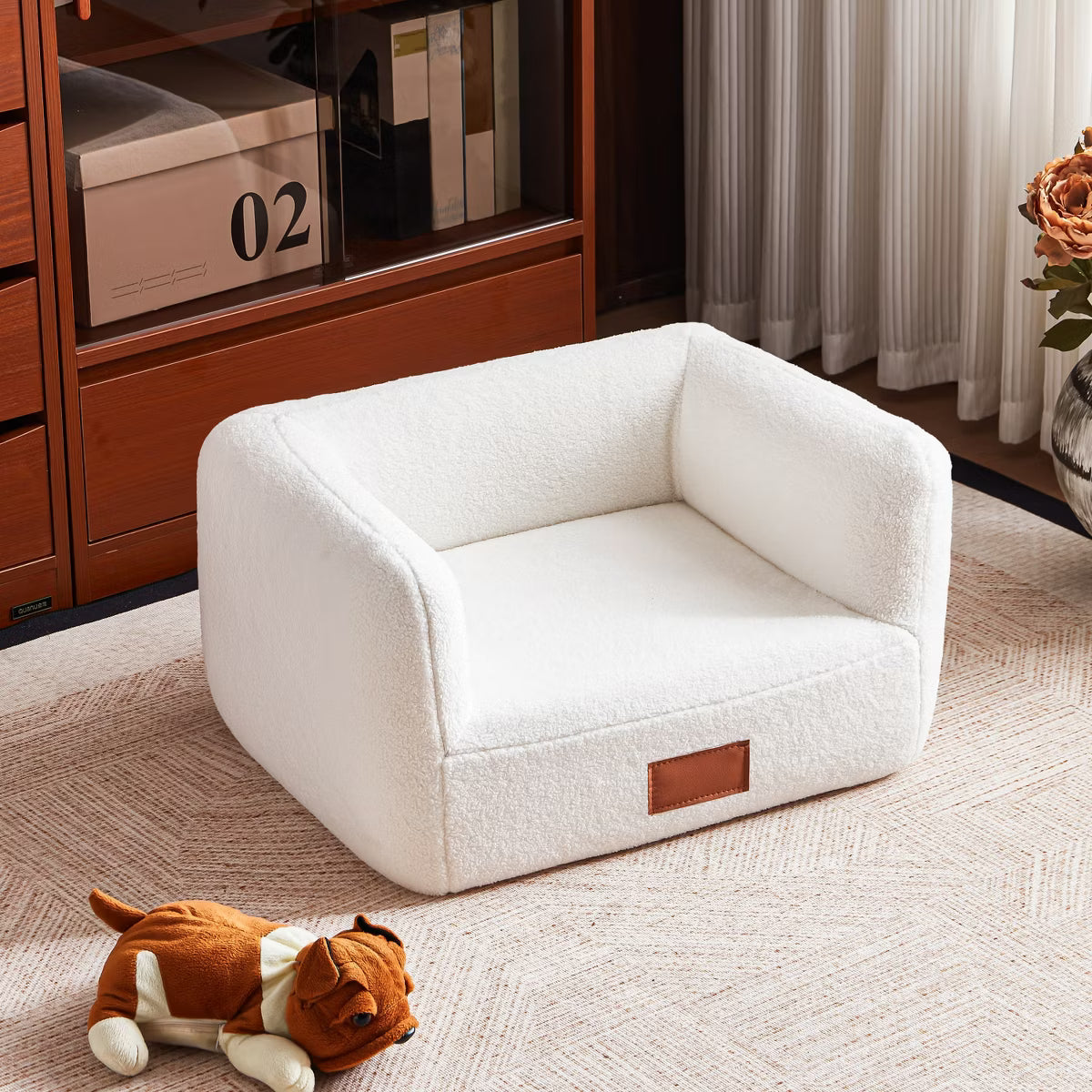 25.6 Inch Faux Shearling Dog Bed Pet Sofa With Leather Nameplate