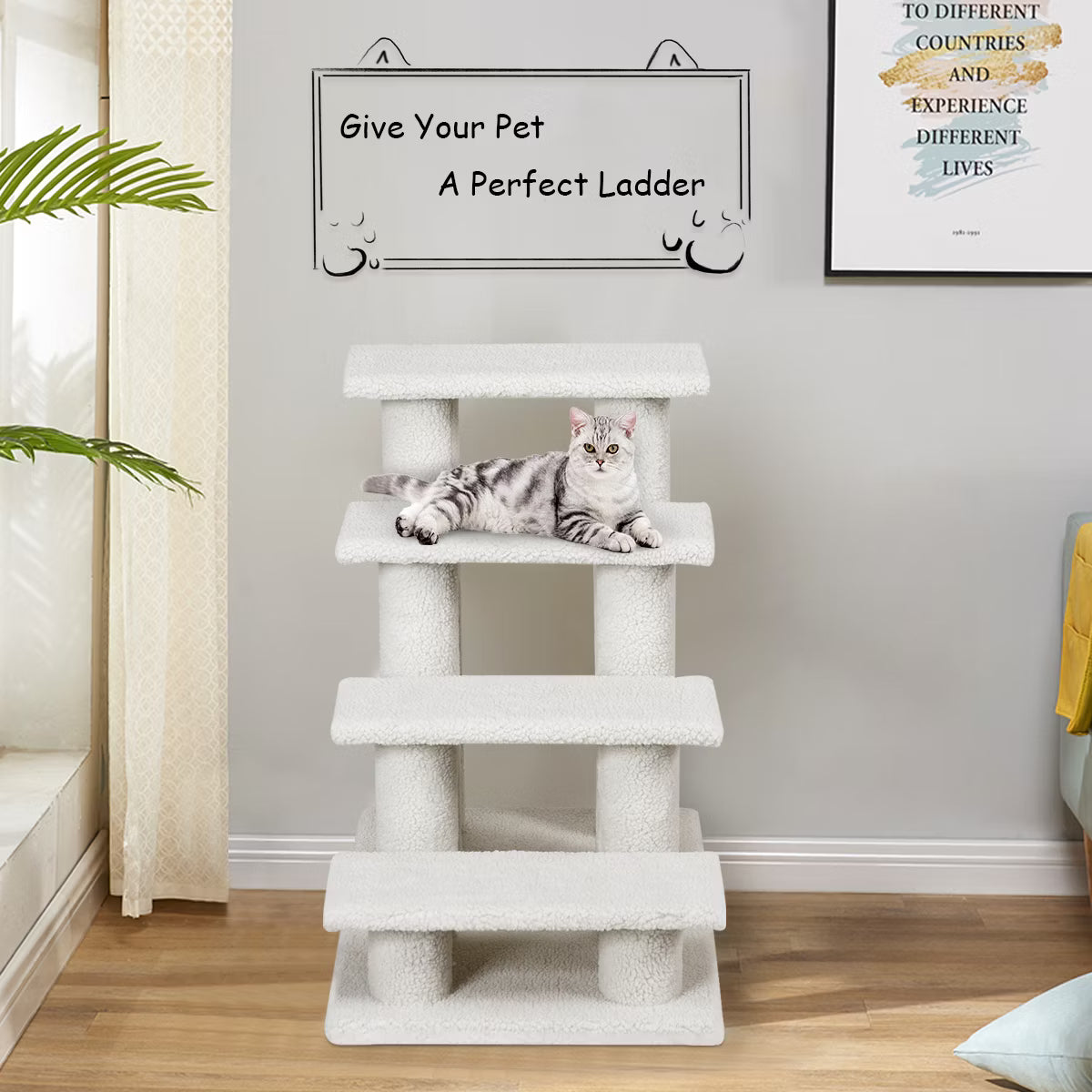 24''4-Step Pet Stairs Carpeted Ladder Ramp 8 Scratching Post Cat Tree Climber