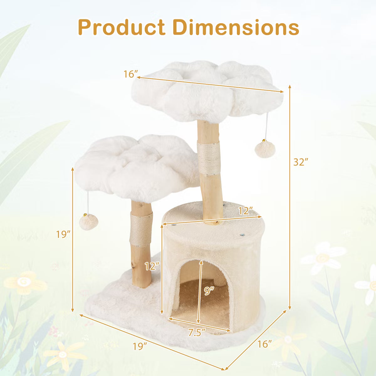 32 inch Cute Wood Cat Tree w/ Scratching Posts Pet Condo Furniture Activity Center