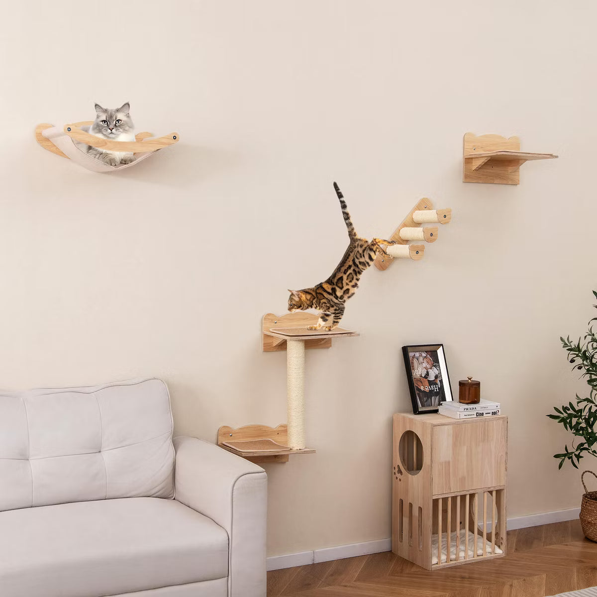 4-Piece Wall Mounted Cat Playground w/ 2-step Cat Tree Wooden Cat Climber Furniture Set