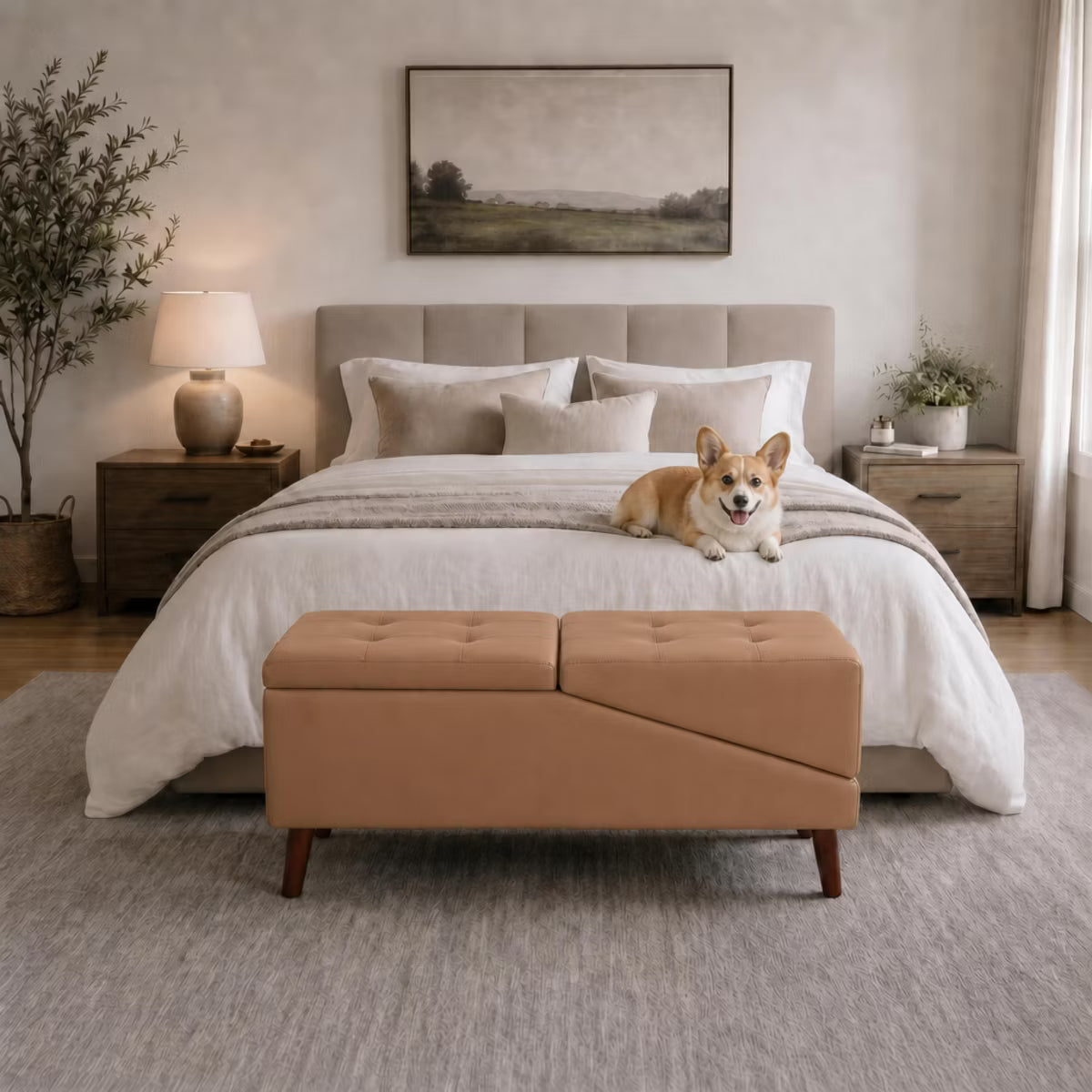 A staged bedroom scene with a bed dressed in white bedding, a tan upholstered bench at the foot, a small corgi lying on the bed, and neutral wall decor and bedside lamps camel