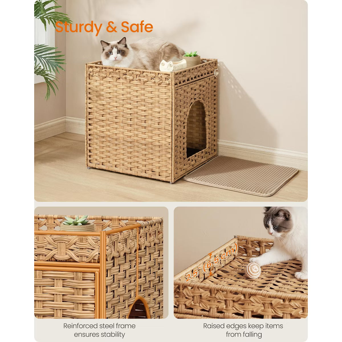 Cat Litter Box Enclosure, Handwoven Rattan Hidden Litter Box Furniture with Extra Mat