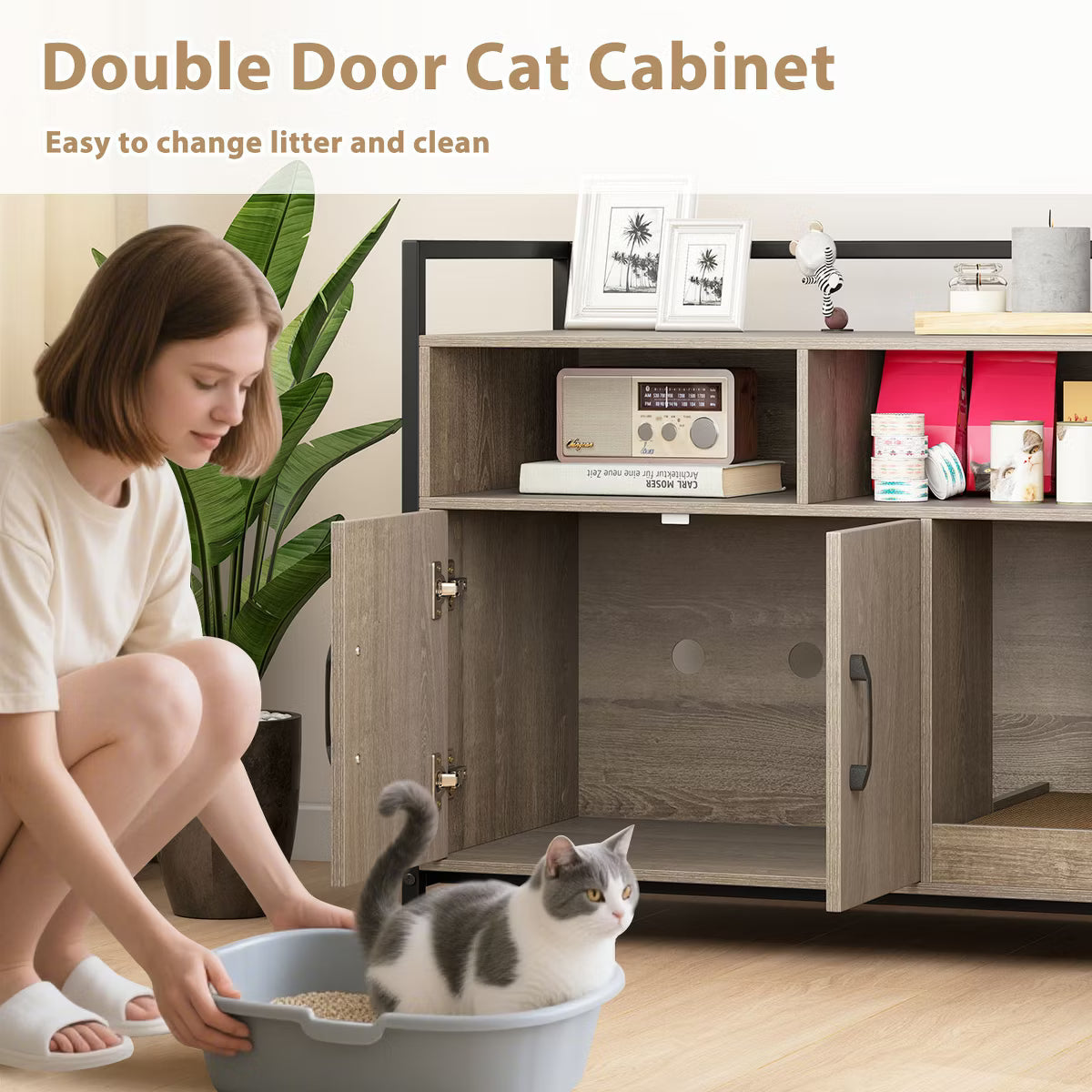 Cat Litter Box Enclosure w/ Storage Compartments Removable Scratching Board Gray