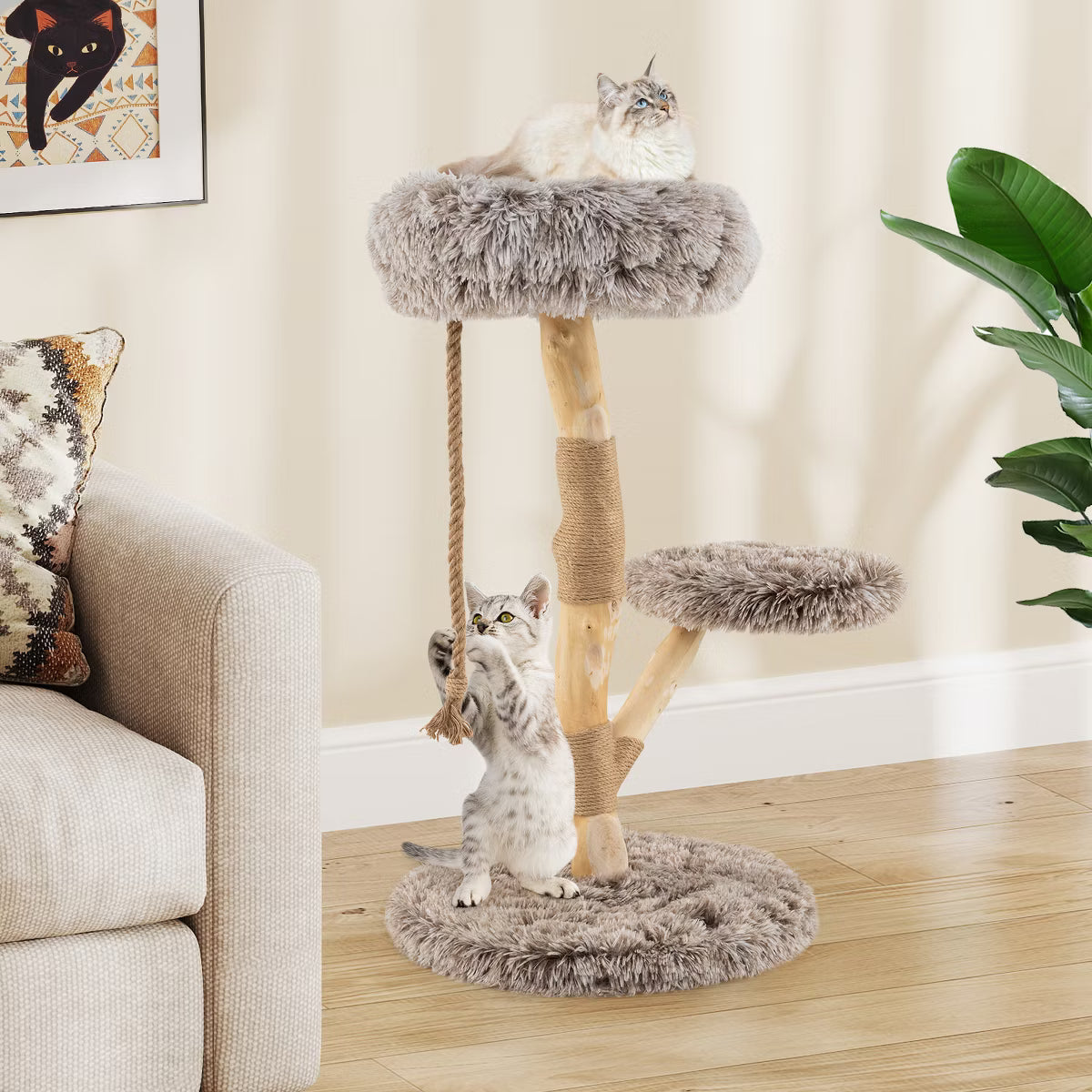 Solid Wood Cat Tower Modern Cat Scratching Tree w/Luxurious Perch Teasing Rope