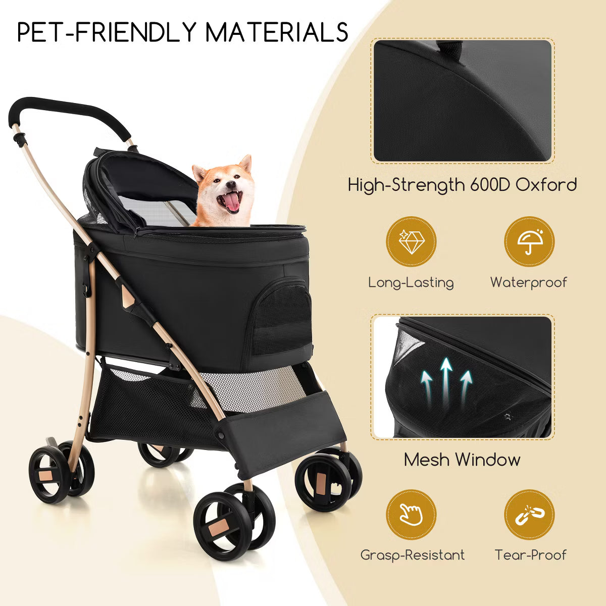 Petsite 3-In-1 Pet Stroller with Removable Car Seat Carrier 4-Level Adjustable Canopy Black & Rose Gold